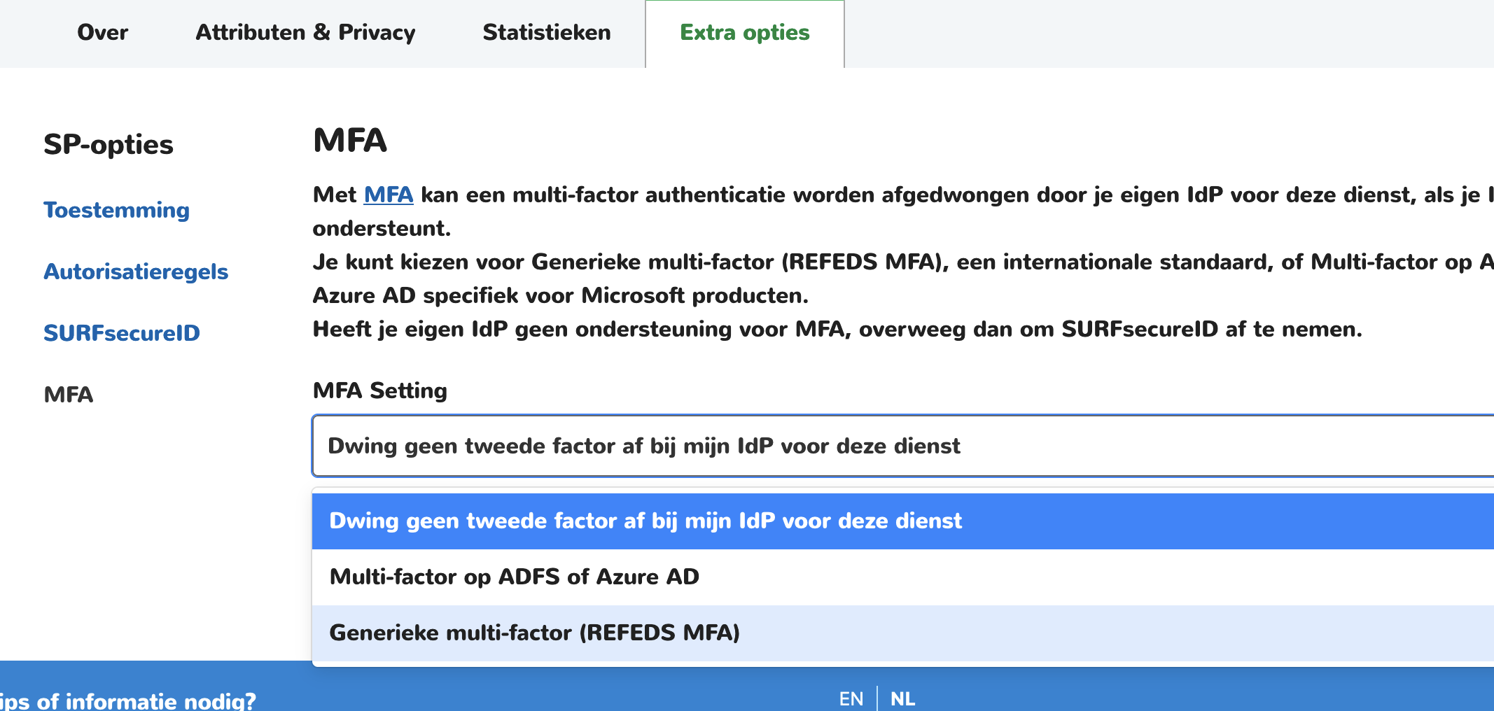 Schermafbeelding van IdP-Dashboard met daarop de MFA-instellingen bij een dienst.