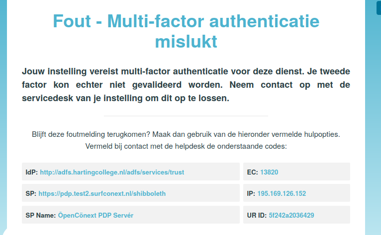 Fout - Multi factor authenticatie mislukt