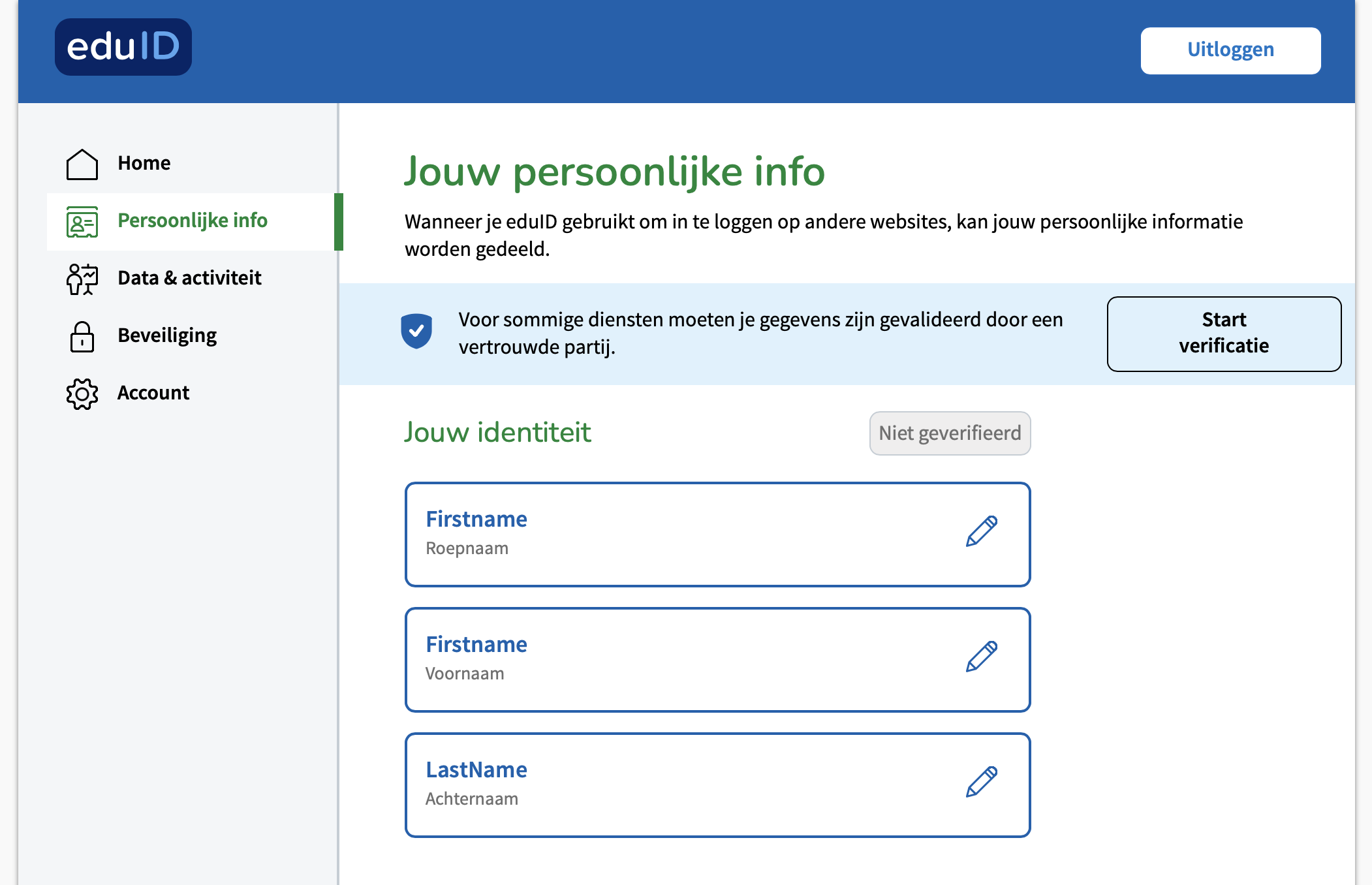 Je eduID startpagina, als je nog niet bent geverifeerd.